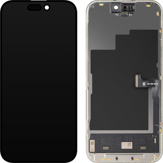Display mit MP Touchscreen kompatibel mit Apple iPhone 15 Pro, mit Rahmen, Soft OLED IC Movable 120Hz FHD Version, Schwarz