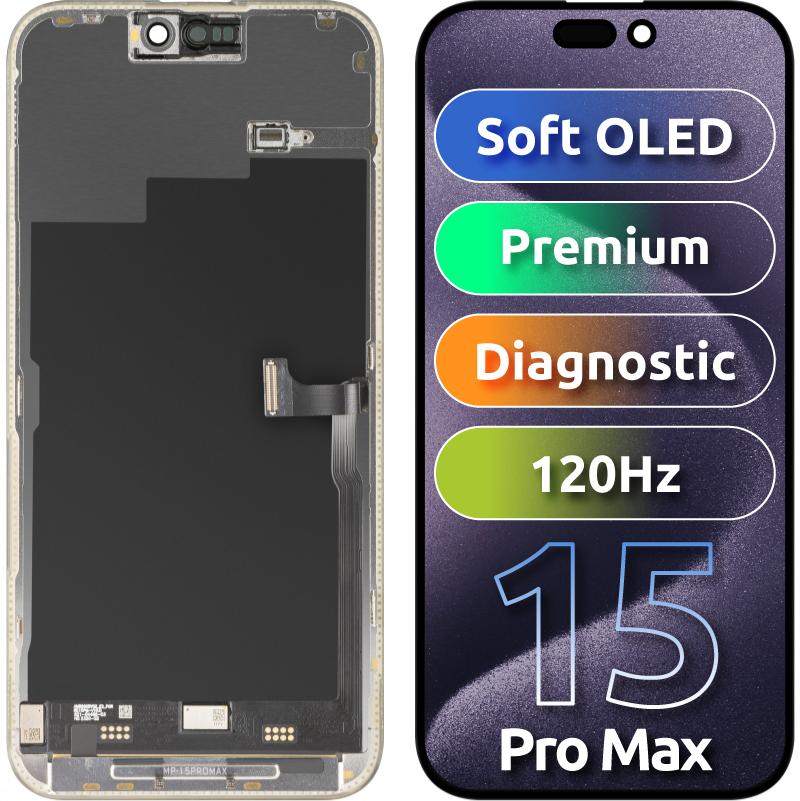 MP Touchscreen Display compatible with Apple iPhone 15 Pro Max, with Frame, Premium Soft OLED FHD 120Hz Diagnostic Version, Black, Refurbished