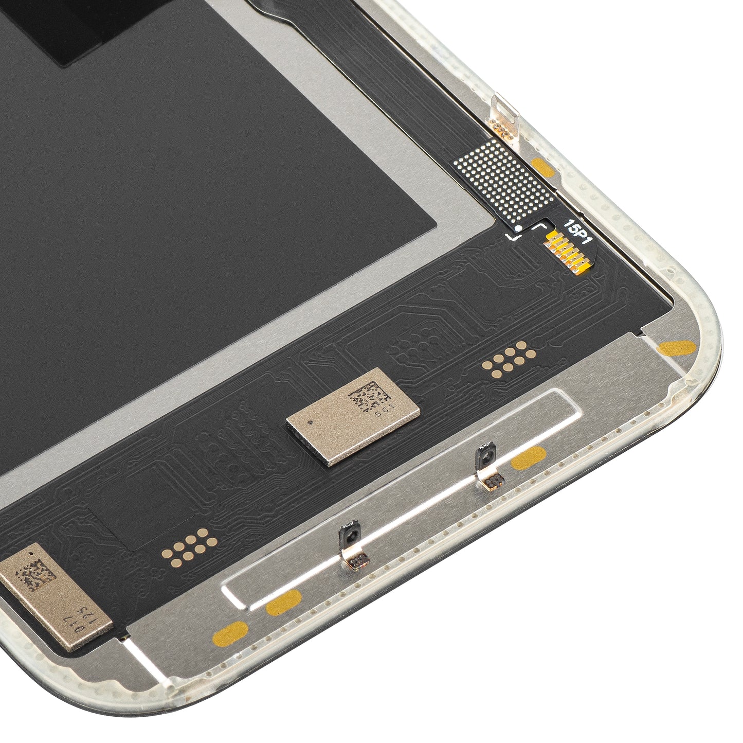 Display mit MP Touchscreen kompatibel mit Apple iPhone 15 Pro, mit Rahmen, Soft OLED IC Movable 120Hz FHD Version, Schwarz
