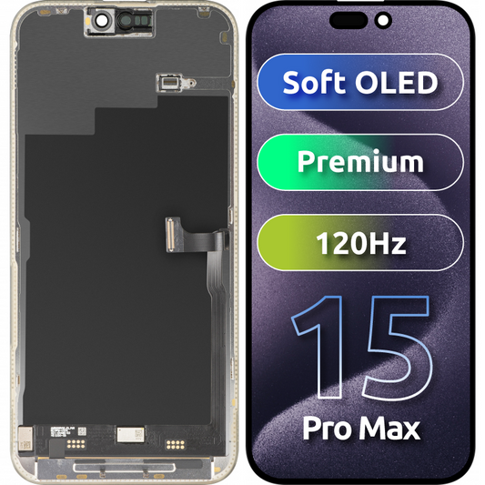 MP Touchscreen-Display kompatibel mit Apple iPhone 15 Pro Max, mit Rahmen, Premium Soft OLED FHD 120Hz Version, Schwarz