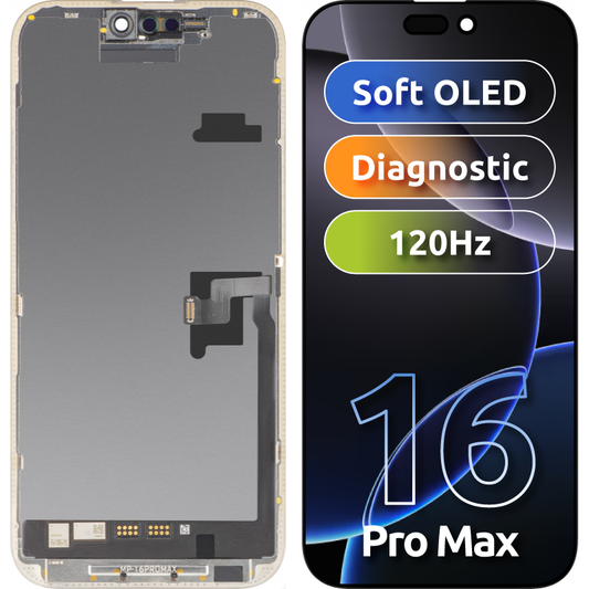 MP Touchscreen-Display kompatibel mit Apple iPhone 16 Pro Max, mit Rahmen, OLED FHD Diagnostic Software-Version, Schwarz