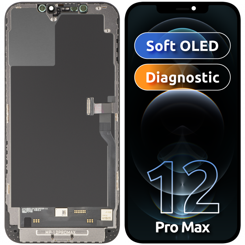 MP Touchscreen Display compatible with Apple iPhone 12 Pro Max, with Frame, OLED FHD Diagnostic Soft Version, Black