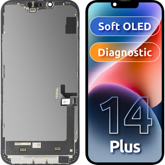 Display mit MP Touchscreen kompatibel mit Apple iPhone 14 Plus, mit Rahmen, Soft OLED FHD Diagnostic Version, Schwarz