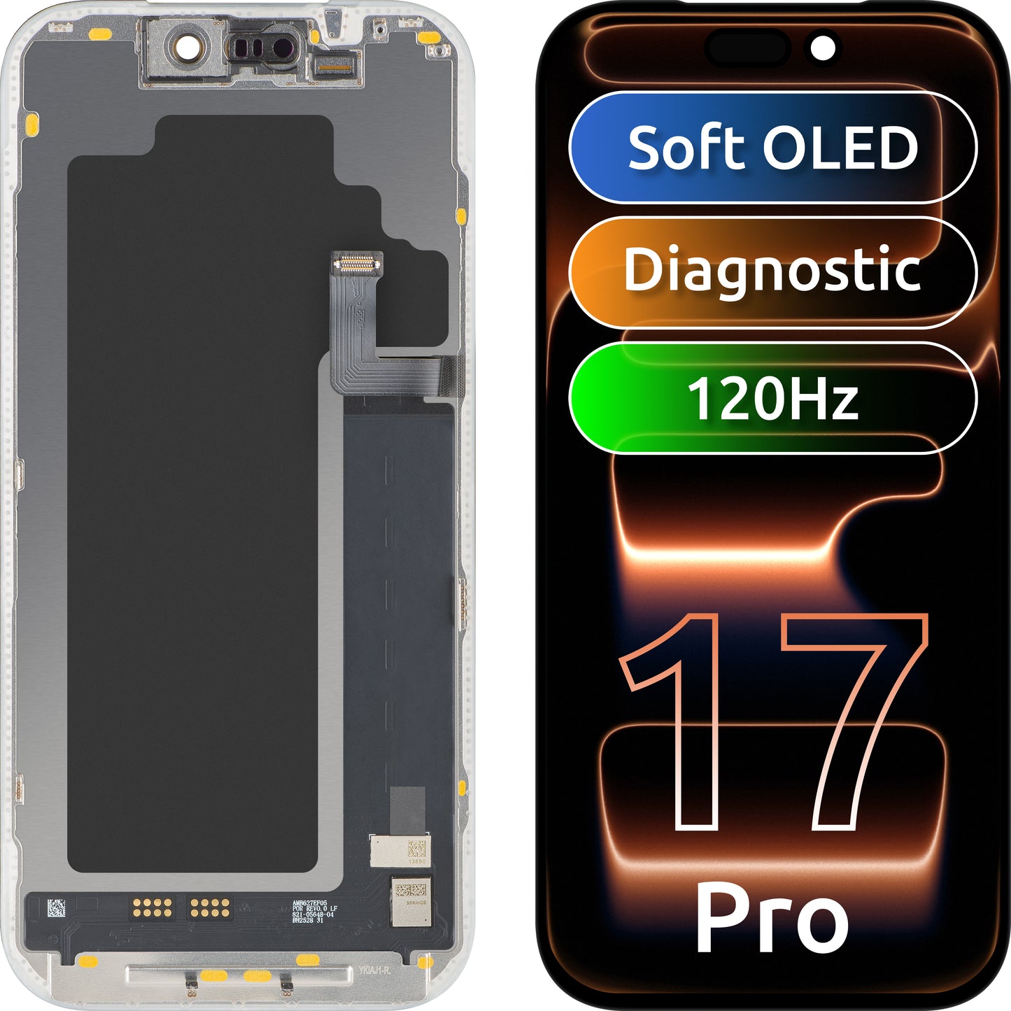 MP Touchscreen-Display kompatibel mit Apple iPhone 17 Pro, mit Rahmen, Soft-Version OLED FHD 120Hz Diagnostik, Schwarz