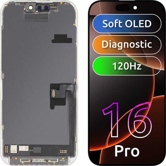MP Touchscreen-Display kompatibel mit Apple iPhone 16 Pro, mit Rahmen, Soft-Version OLED FHD 120Hz Diagnostik, Schwarz