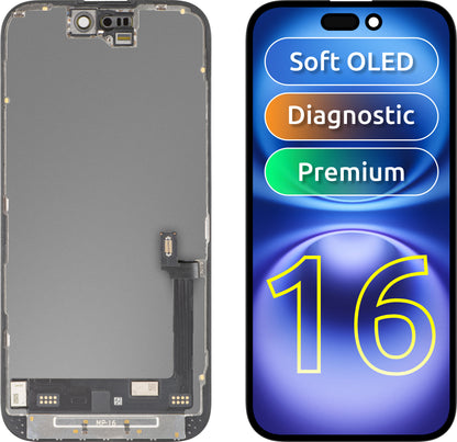 MP Touchscreen-Display kompatibel mit Apple iPhone 16, mit Rahmen, Premium Soft OLED FHD Diagnostic Version, Schwarz