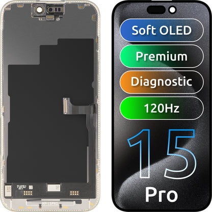 MP Touchscreen-Display kompatibel mit Apple iPhone 15 Pro, mit Rahmen, Premium Soft OLED FHD 120Hz Diagnostic Version, Schwarz