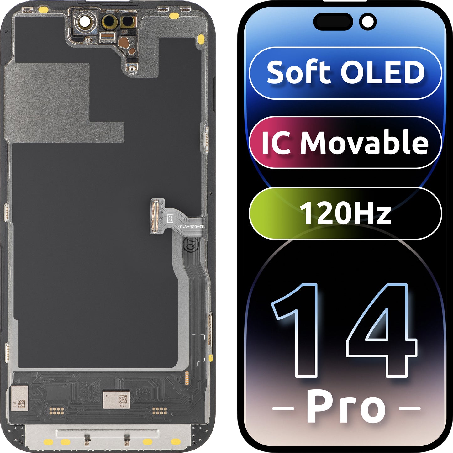 Display mit MP Touchscreen kompatibel mit Apple iPhone 14 Pro, mit Rahmen, Soft OLED IC Movable 120Hz FHD Version, Schwarz