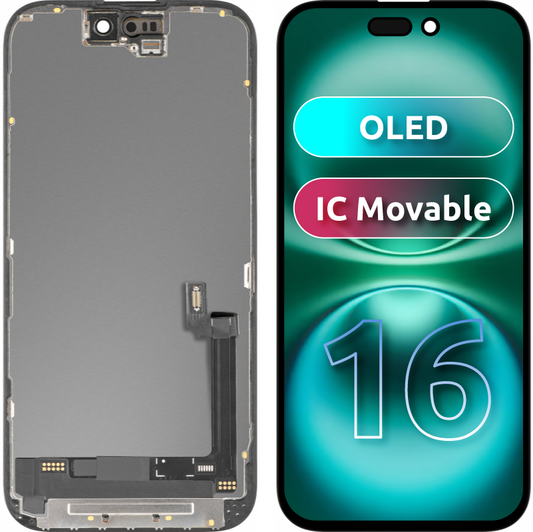 Display mit MP Touchscreen kompatibel mit Apple iPhone 16, mit Rahmen, OLED IC Movable Version, Schwarz
