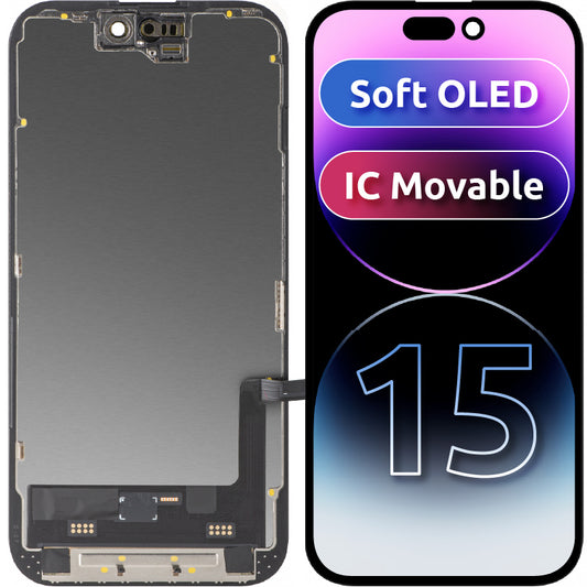 Display mit MP-Touchscreen kompatibel mit Apple iPhone 15, mit Rahmen, Soft OLED FHD IC Movable Version, Schwarz