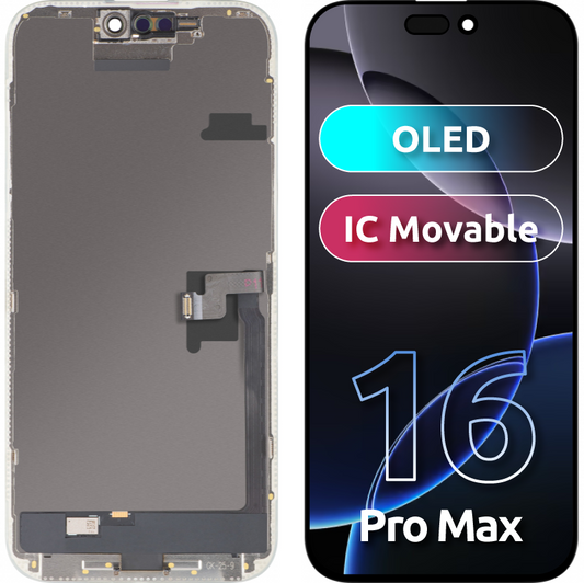 Display mit MP Touchscreen kompatibel mit Apple iPhone 16 Pro Max, mit Rahmen, OLED FHD IC Movable Version, Schwarz