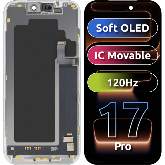 MP Touchscreen-Display kompatibel mit Apple iPhone 17 Pro, mit Rahmen, Soft OLED FHD 120Hz IC Movable Version, Schwarz