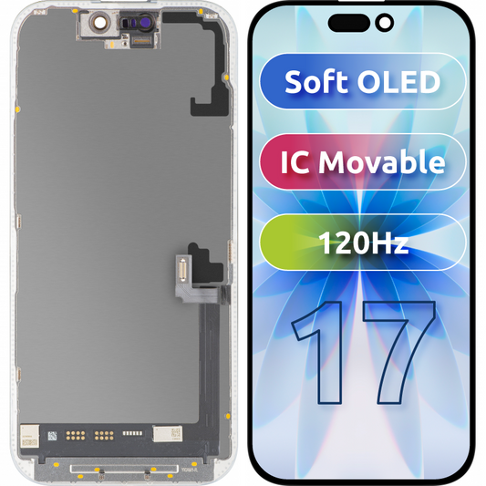 MP Touchscreen Display compatible with Apple iPhone 17, with Frame, Soft OLED FHD 120Hz IC Movable Version, Black