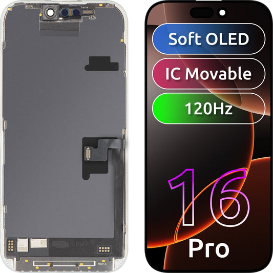 Display mit MP Touchscreen kompatibel mit Apple iPhone 16 Pro, mit Rahmen, Soft OLED FHD 120Hz IC Movable, Schwarz