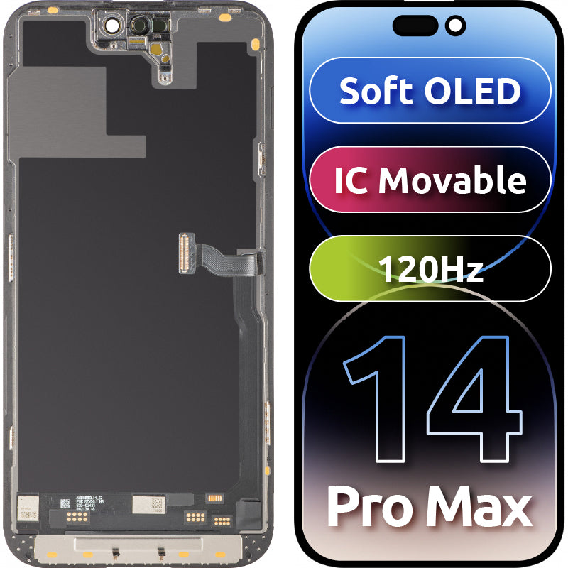 Display mit MP Touchscreen kompatibel mit Apple iPhone 14 Pro Max, mit Rahmen, Soft OLED IC Movable 120Hz FHD Version, Schwarz
