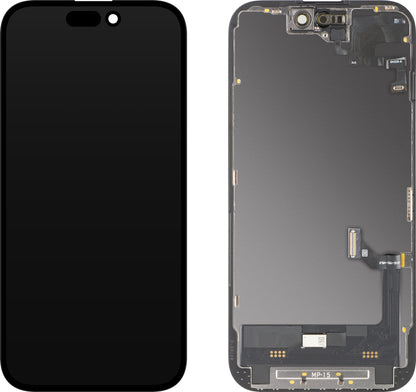 Touchscreen Display with Proximity Sensor MP compatible with Apple iPhone 15, with Frame, OLED FHD Diagnostic Software Version, Black
