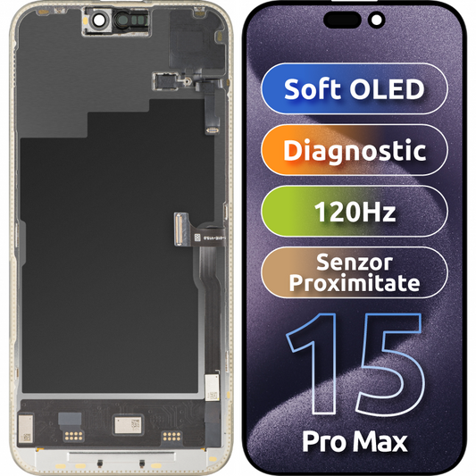 Touchscreen-Display mit Näherungssensor MP kompatibel mit Apple iPhone 15 Pro Max, mit Rahmen, Soft-Version OLED FHD 120Hz Diagnostik, Schwarz