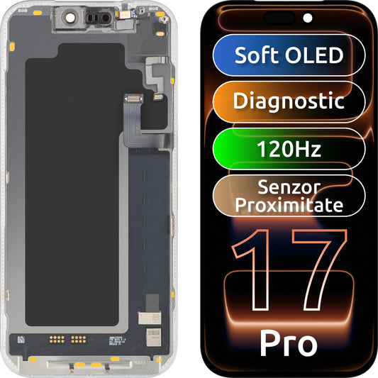 Touchscreen-Display mit Licht-Näherungssensor MP kompatibel mit Apple iPhone 17 Pro, mit Rahmen, OLED FHD 120Hz Diagnosesoftware-Version, Schwarz