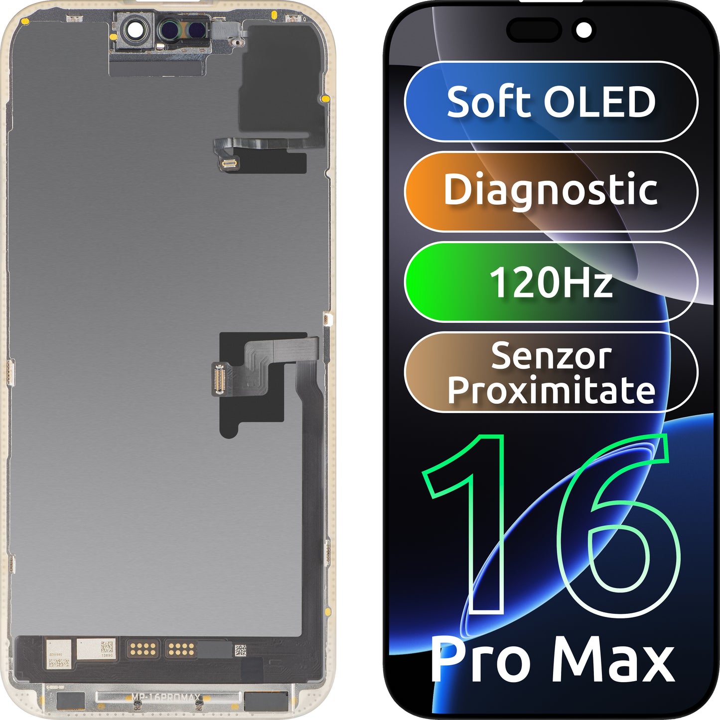 Touchscreen Display with Proximity Sensor MP compatible with Apple iPhone 16 Pro Max, with Frame, OLED FHD 120Hz Diagnostic Software Version, Black