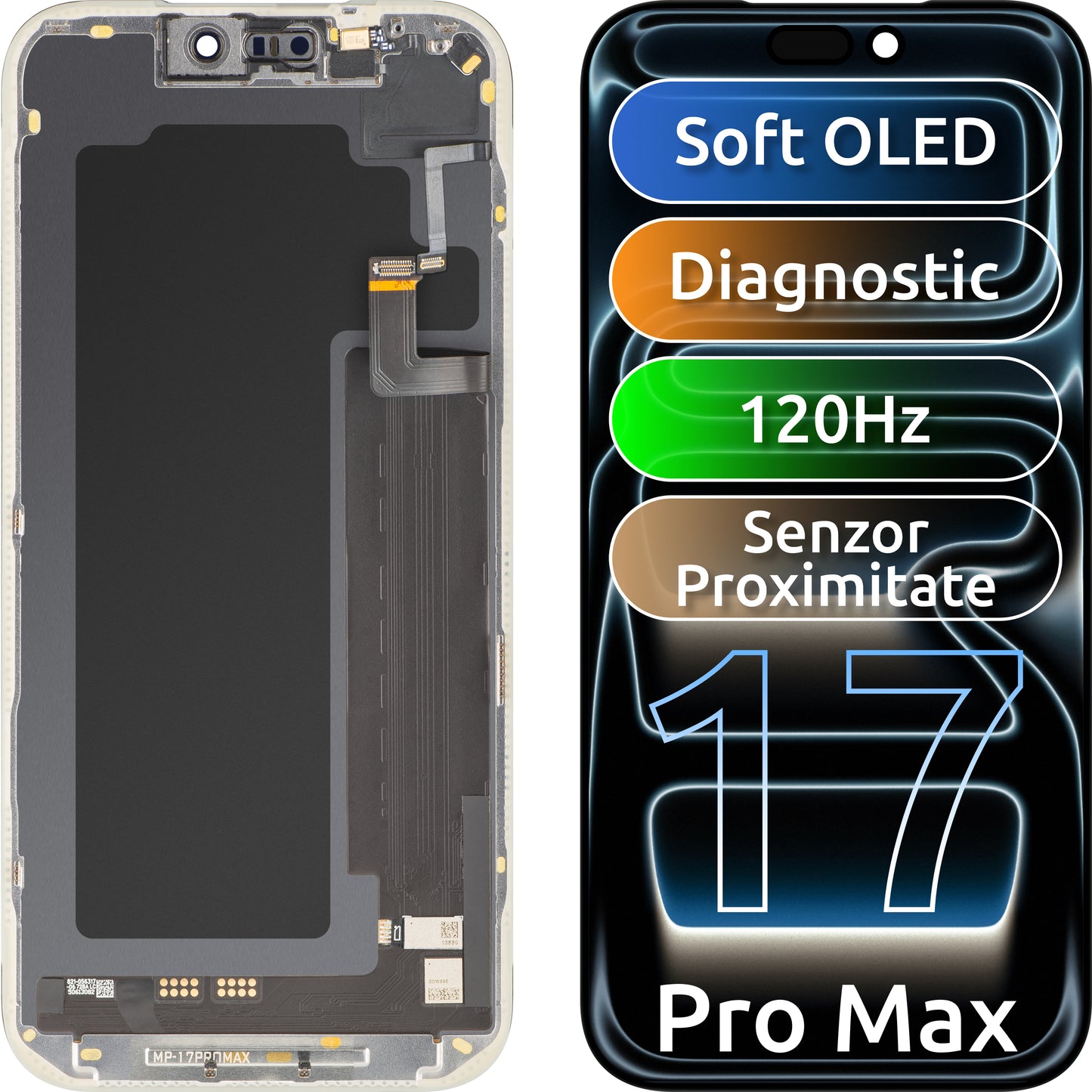 Touchscreen-Display mit Licht-Näherungssensor MP kompatibel mit Apple iPhone 17 Pro Max, mit Rahmen, OLED FHD 120Hz Diagnosesoftware-Version, Schwarz