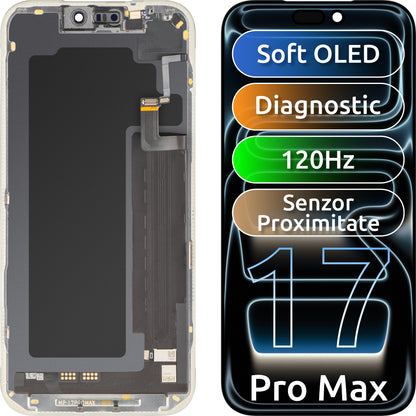 Touchscreen-Display mit Licht-Näherungssensor MP kompatibel mit Apple iPhone 17 Pro Max, mit Rahmen, OLED FHD 120Hz Diagnosesoftware-Version, Schwarz