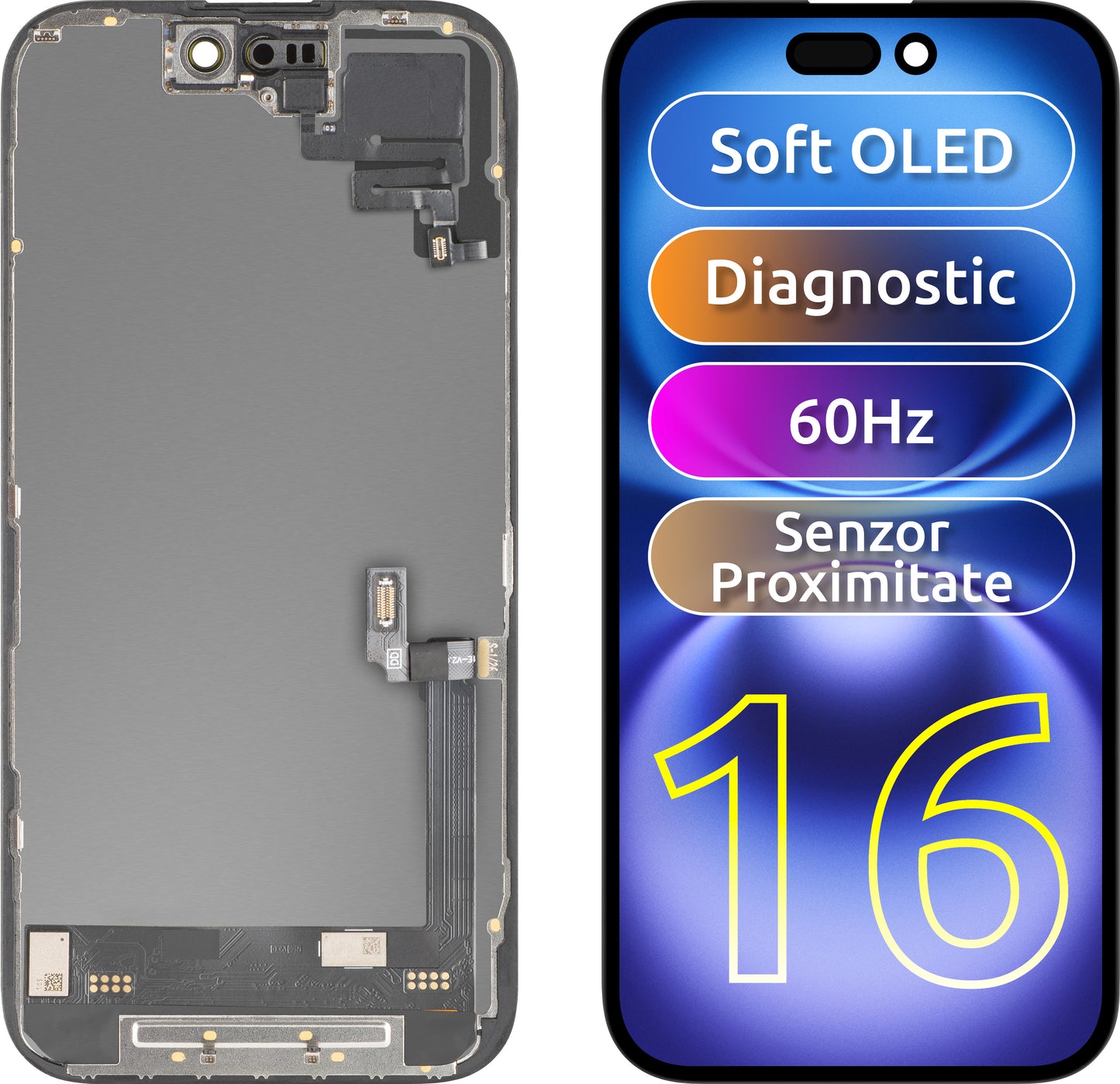 Touchscreen Display with MP Proximity Sensor compatible with Apple iPhone 16, with Frame, OLED FHD Diagnostic Software Version, Black