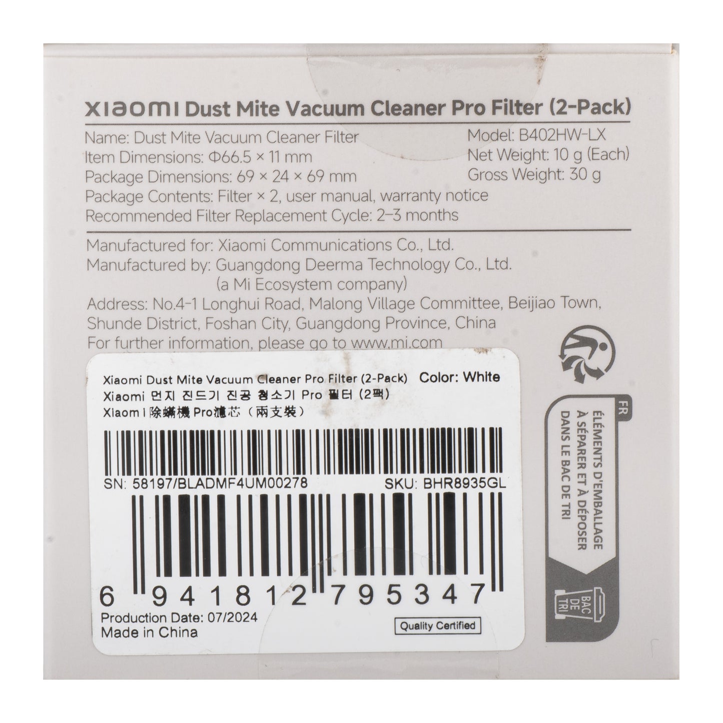 Luftfilter für Xiaomi Dust Mite Vacuum Cleaner Pro, Set 2 Stück BHR8935GL