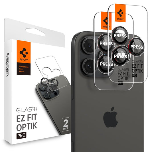 Spigen EZ FIT Rückkamera-Schutzfolie für Apple iPhone 16 Pro Max / 16 Pro / 15 Pro Max, gehärtetes Glas, 2er-Set, Schwarz AGL05217