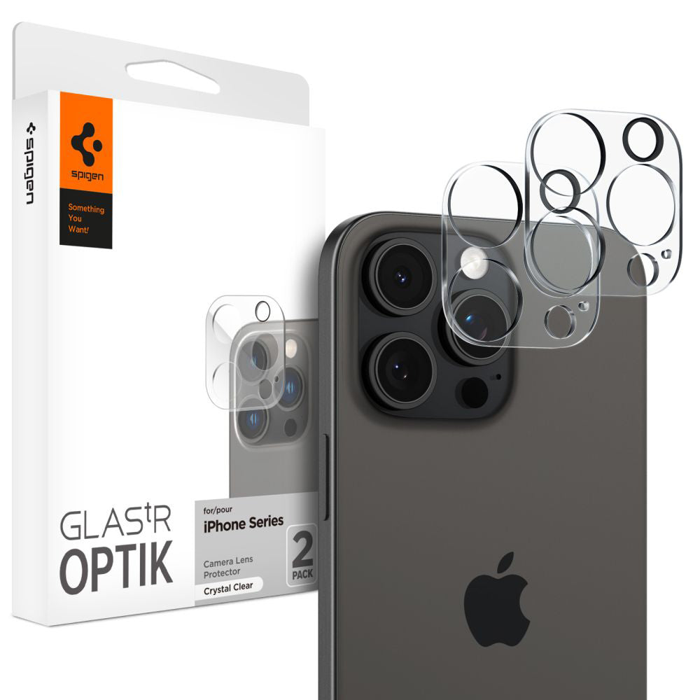 Spigen Optik Rückkamera-Schutzfolie für Apple iPhone 15 Pro Max / 15 Pro, sicheres Glas, Vollkleber, 2er-Set, transparent