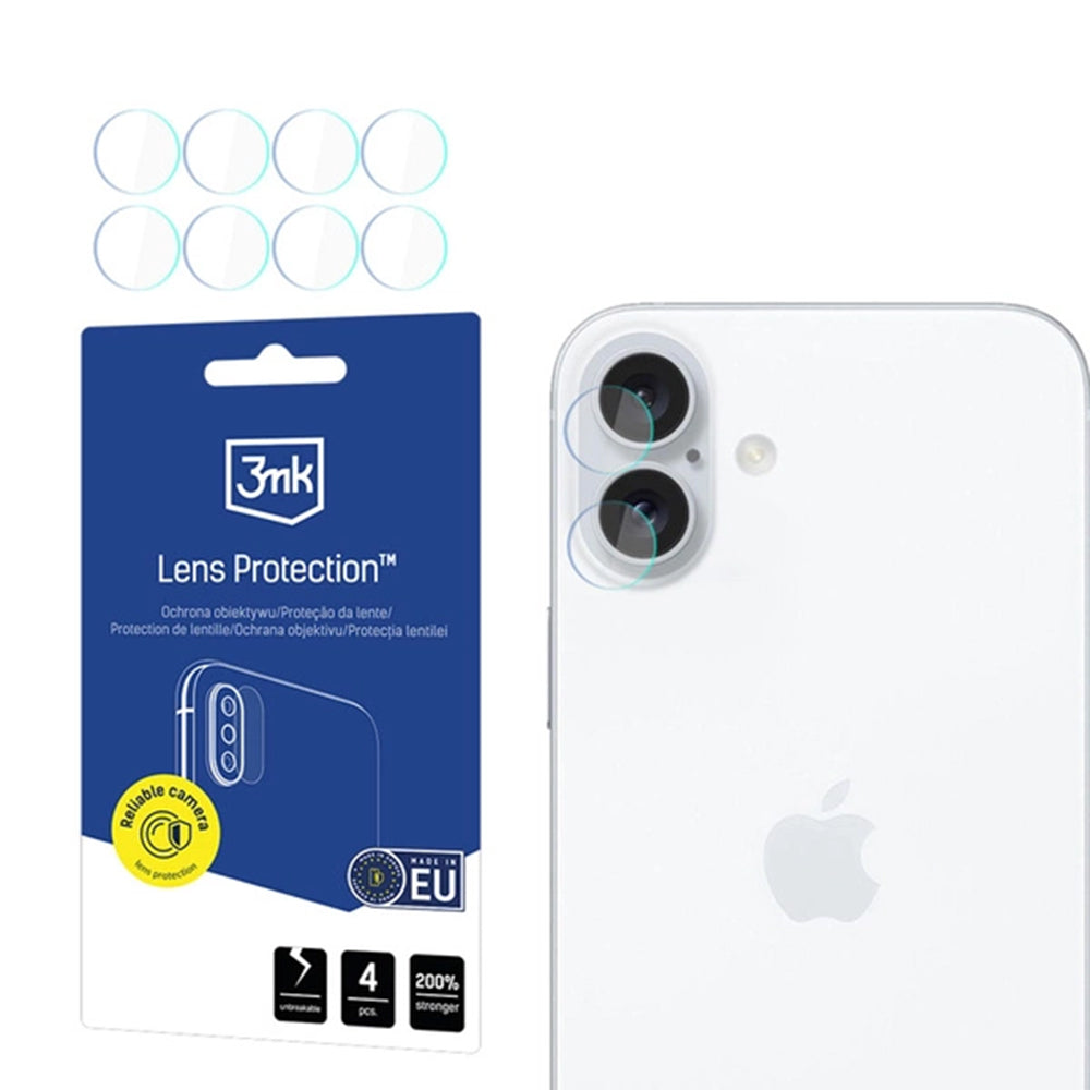 3MK Schutzfolie für die Rückkamera des Apple iPhone 16, flexibles Glas, 4er-Set, transparent