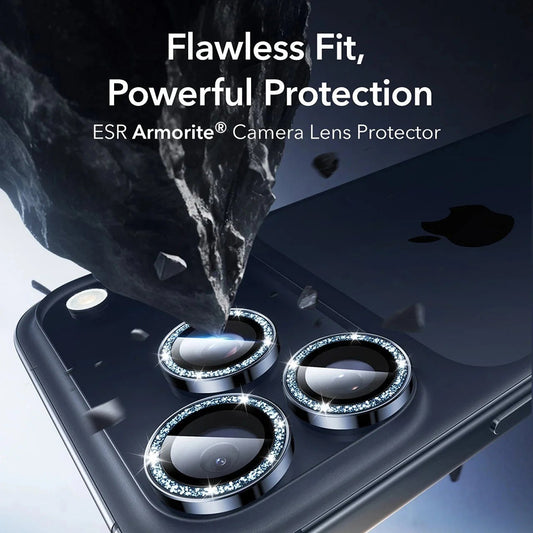 Schutzfolie ESR Glitter Diamond Armorite für die Rückkamera des Apple iPhone 17 Pro Max / 17 Pro, gehärtetes Glas, vollflächig klebend, Blau.