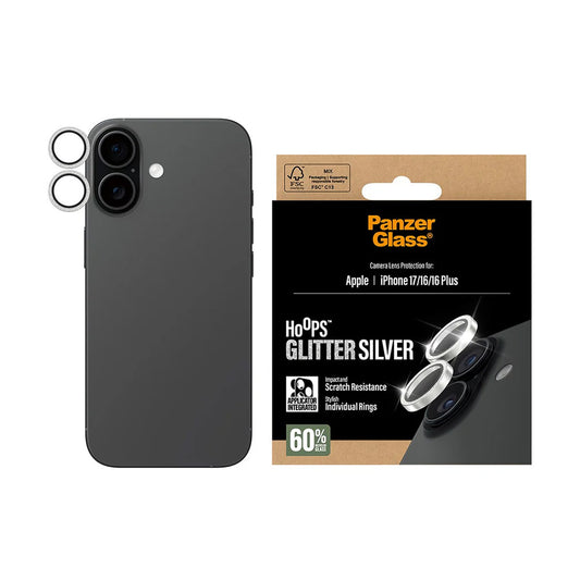 PanzerGlass Hoops Glitter Rear Camera Protector for Apple iPhone 17 / 16 Plus / 16, Tempered Glass, Silver