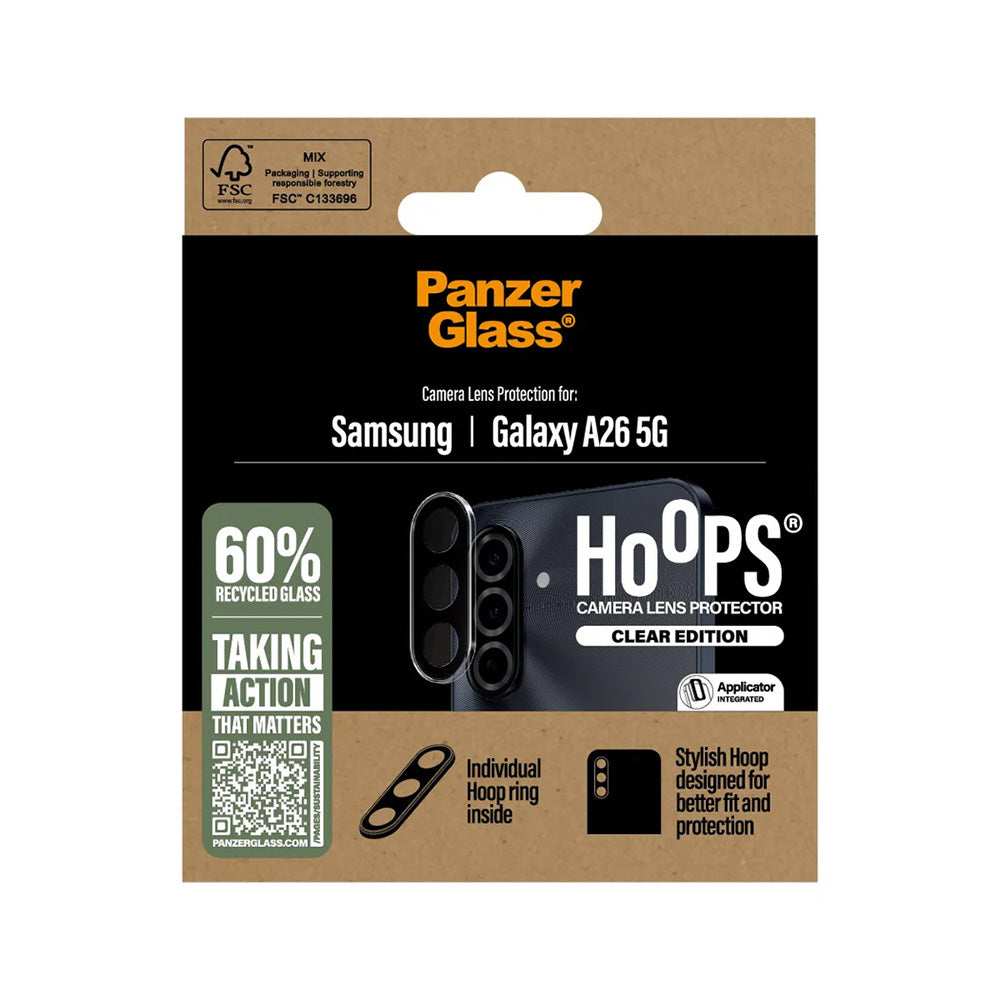 Schutzfolie PanzerGlass Hoops für die Rückkamera des Samsung Galaxy A26 A266, gehärtetes Glas, Transparent.