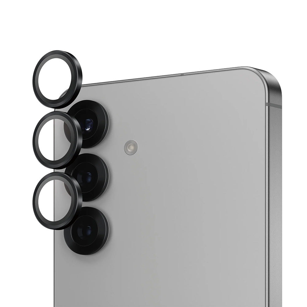 Schutzfolie PanzerGlass Hoops für die Rückkamera des Samsung Galaxy S25 S931, gehärtetes Glas, Schwarz.