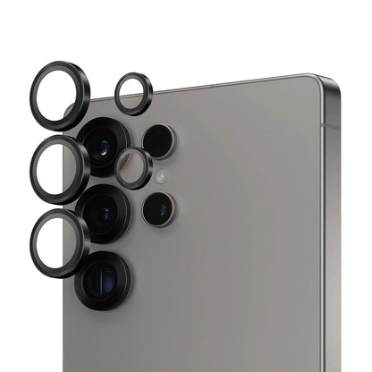 Schutzfolie PanzerGlass Hoops für die Rückkamera des Samsung Galaxy S25 Ultra S938, gehärtetes Glas, Schwarz.