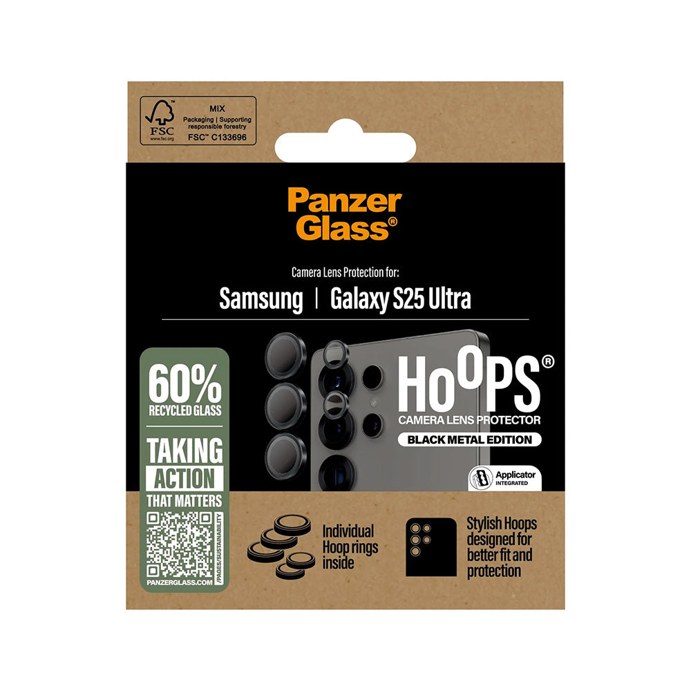 Schutzfolie PanzerGlass Hoops für die Rückkamera des Samsung Galaxy S25 Ultra S938, gehärtetes Glas, Schwarz.