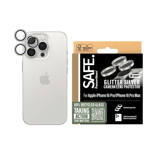 PanzerGlass Safe Rear Camera Protection Film. Glitter for Apple iPhone 16 Pro Max / 16 Pro, Tempered Glass, Silver