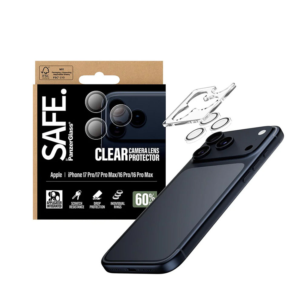 Schutzfolie PanzerGlass Safe für die Rückkamera. für Apple iPhone 17 Pro Max / 17 Pro / 16 Pro Max / 16 Pro, gehärtetes Glas, Transparent.