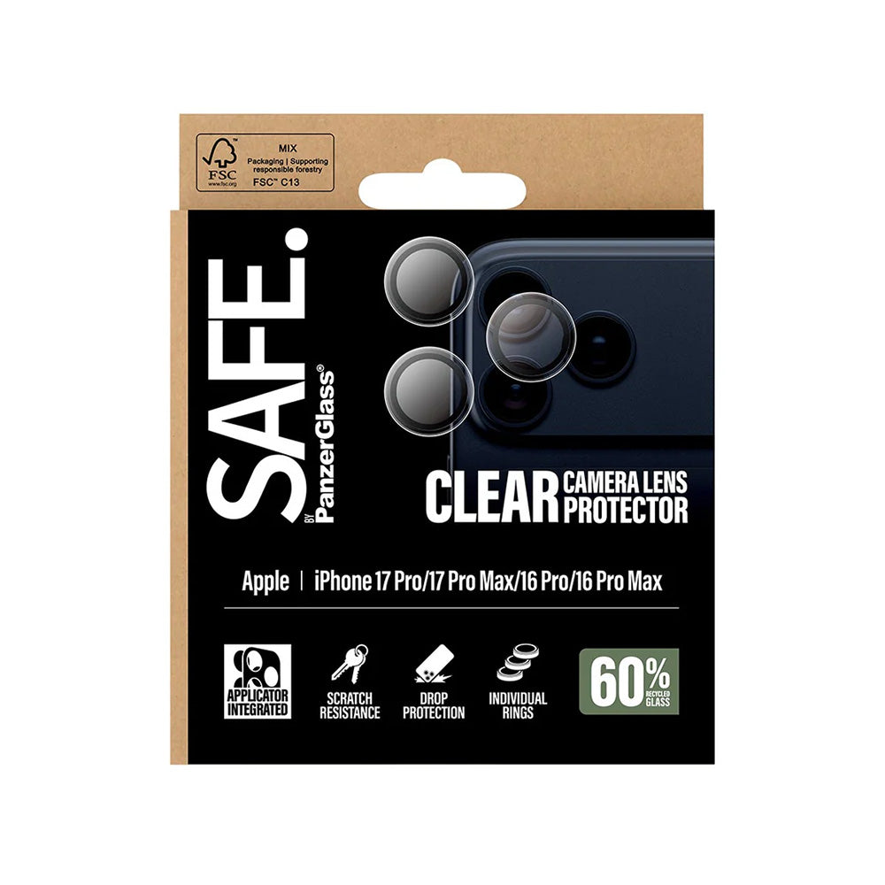 Schutzfolie PanzerGlass Safe für die Rückkamera. für Apple iPhone 17 Pro Max / 17 Pro / 16 Pro Max / 16 Pro, gehärtetes Glas, Transparent.