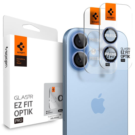 Schutzfolie für die Rückkamera Spigen GlastR EZ FIT Optik Pro für Apple iPhone 17 / 16 Plus / 16, gehärtetes Glas, 2er-Set, Blau