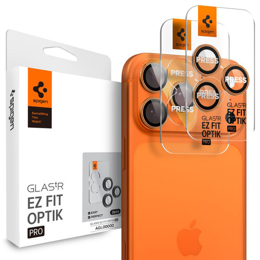 Schutzfolie für die Rückkamera Spigen GlastR EZ FIT Optik Pro für Apple iPhone 17 Pro Max / 17 Pro, gehärtetes Glas, Set mit 2 Stück, Orange