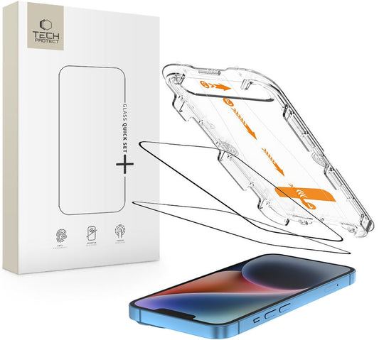 Schutzfolie Tech-Protect Quick Set+ für Apple iPhone 17e / 16e / 14 / 13 Pro, Gehärtetes Glas, Vollverklebung, Set mit 2 Stück, Schwarz