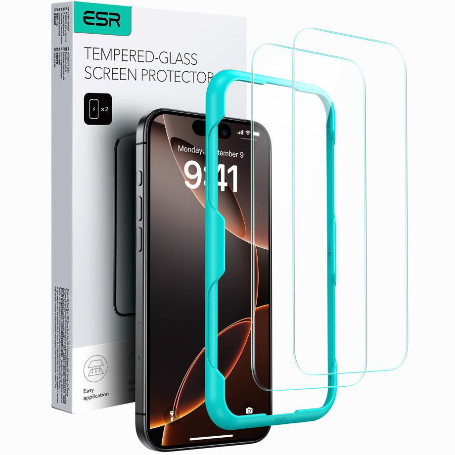 ESR Screen Protector for Apple iPhone 16 / 15, Tempered Glass, Full Glue, Set of 2 pieces, Black