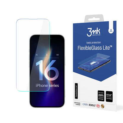 3MK FlexibleGlass Lite Displayschutzfolie für Apple iPhone 16, Flexibles Glas, Vollflächig Klebend