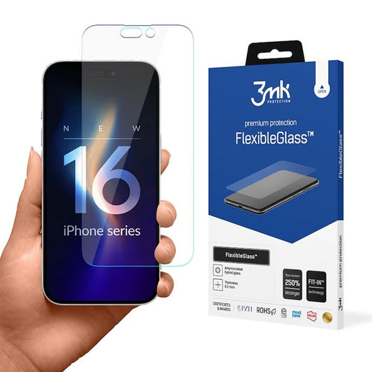3MK FlexibleGlass Displayschutzfolie für Apple iPhone 16 Pro Max, Flexibles Glas, Vollkleber