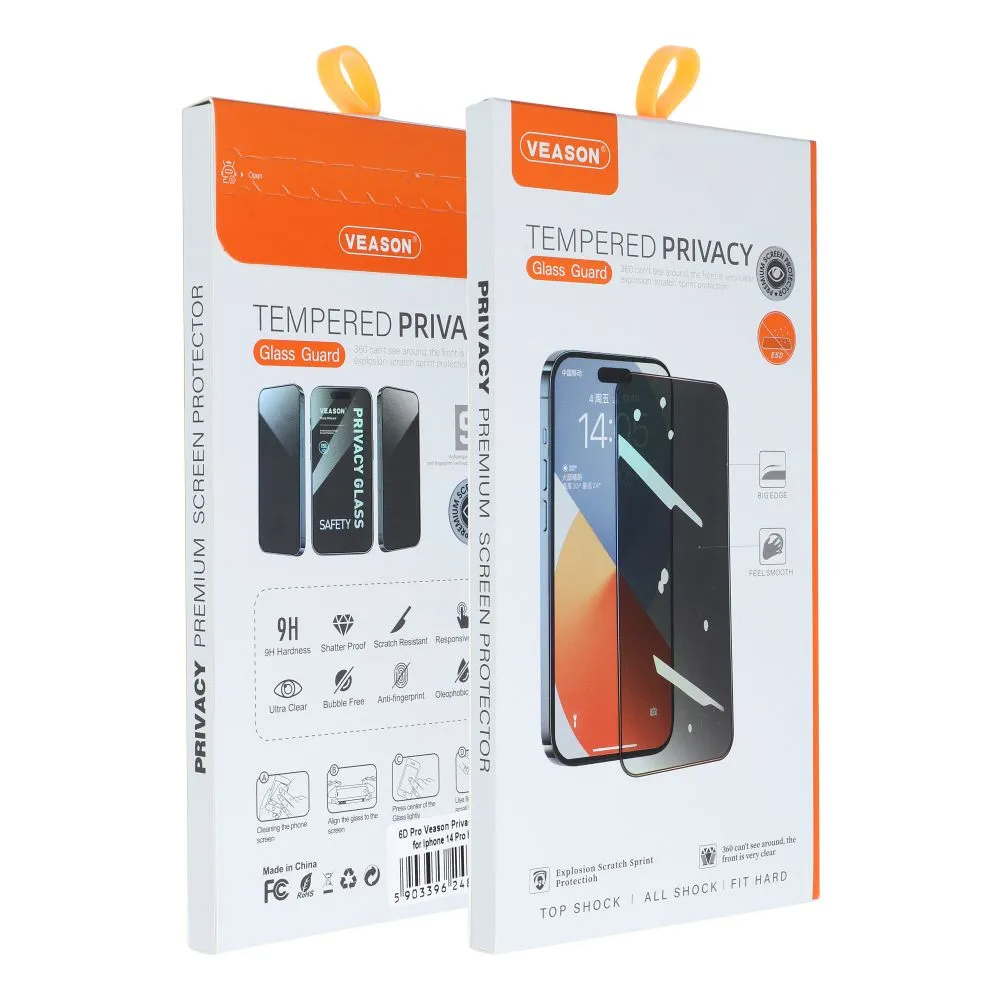 Privacy-Schutzfolie Veason für Apple iPhone 17e / 16e / 14 / 13 Pro, gehärtetes Glas, Vollkleber, 6D