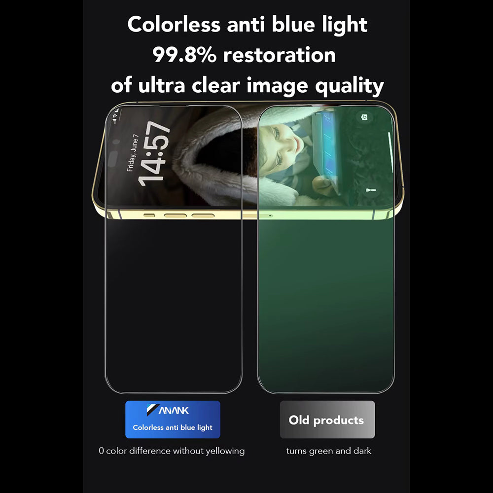 Anti Blue Light Schutzfolie Anank für Apple iPhone 15, gehärtetes Glas, Full Glue, 2.5D, Schwarz