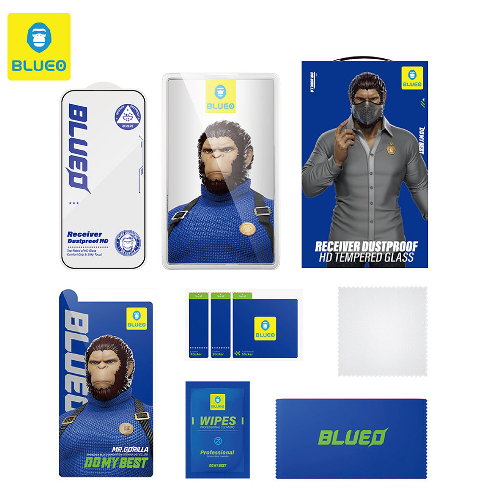 Blueo Anti-Dust HD Displayschutzfolie für Apple iPhone 17e / 16e / 14 / 13 Pro, gehärtetes Glas, Vollkleber, Schwarz