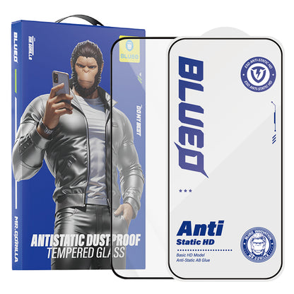 Blueo Anti-Static HD Displayschutzfolie für Apple iPhone 17e / 16e / 14 / 13 Pro, gehärtetes Glas, Vollkleber, Schwarz