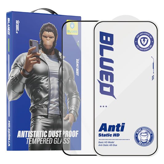 Blueo Anti-Static HD Displayschutzfolie für Apple iPhone 17e / 16e / 14 / 13 Pro, gehärtetes Glas, Vollkleber, Schwarz